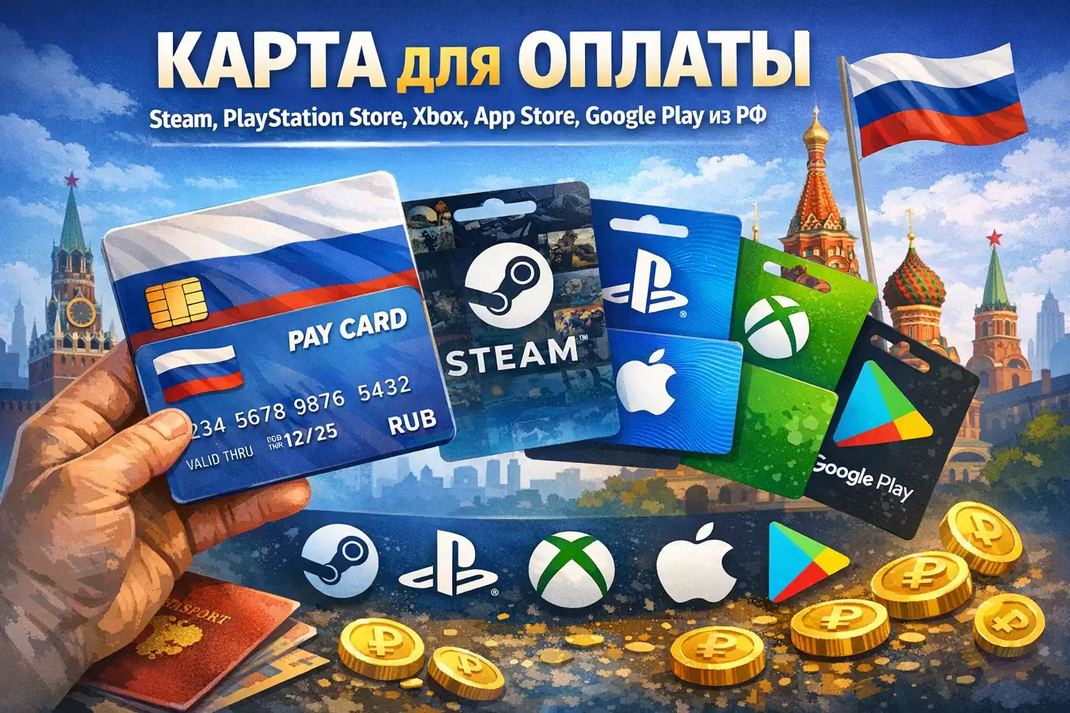 Карта для оплаты Steam, PlayStation Store, Xbox, App Store, Google Play