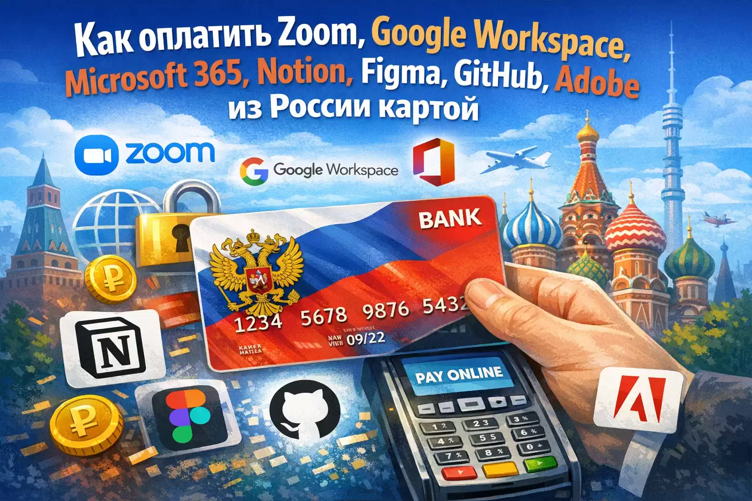 Как оплатить Zoom, Google Workspace, Microsoft 365, Notion, Figma, GitHub, Adobe