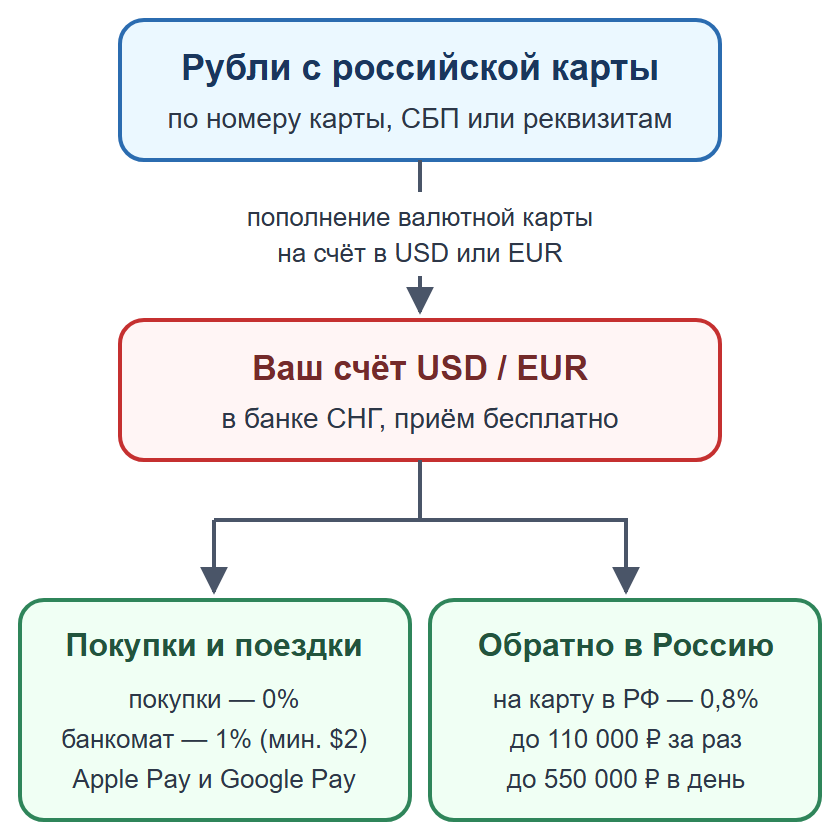 Схема: пополнение валютной карты рублями из российского банка, оплата картой и телефоном, перевод обратно в Россию