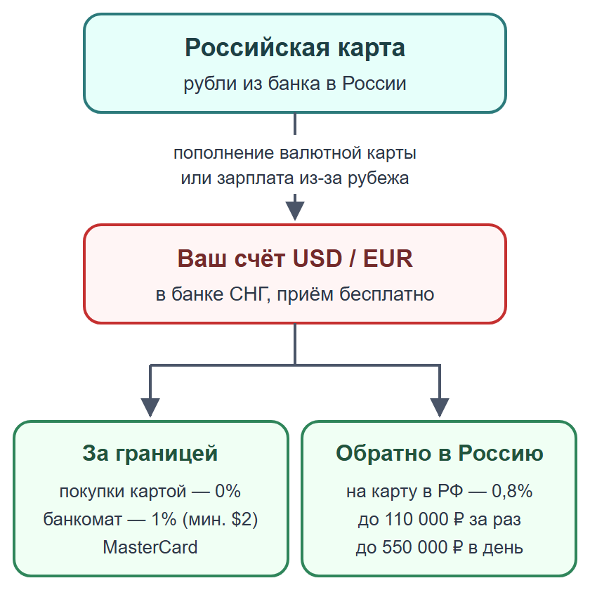Схема: рубли с российской карты пополняют валютную карту банка СНГ для оплаты за границей