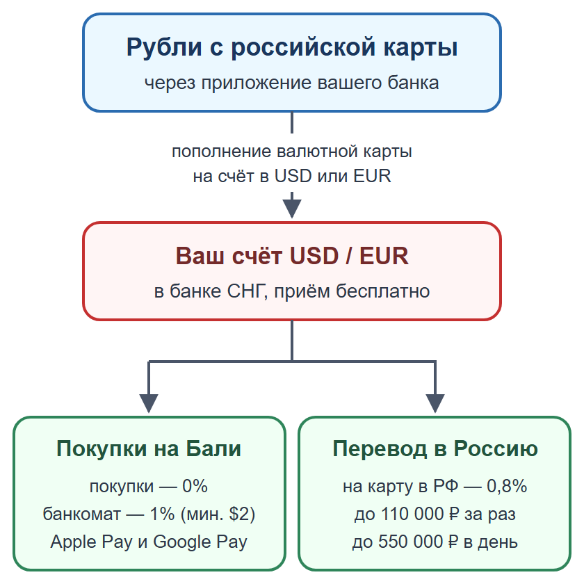 Схема: пополнение валютной карты банка СНГ рублями, оплата на Бали без индонезийского счёта и перевод на карту в России