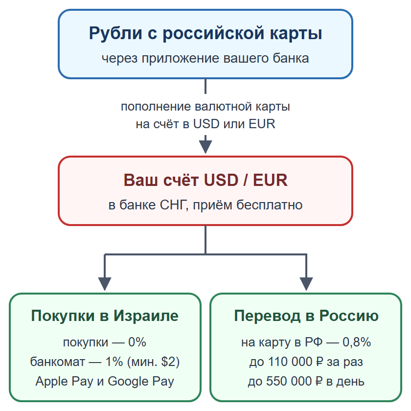 Схема: пополнение валютной карты банка СНГ рублями, оплата в Израиле и перевод родным на карту в России