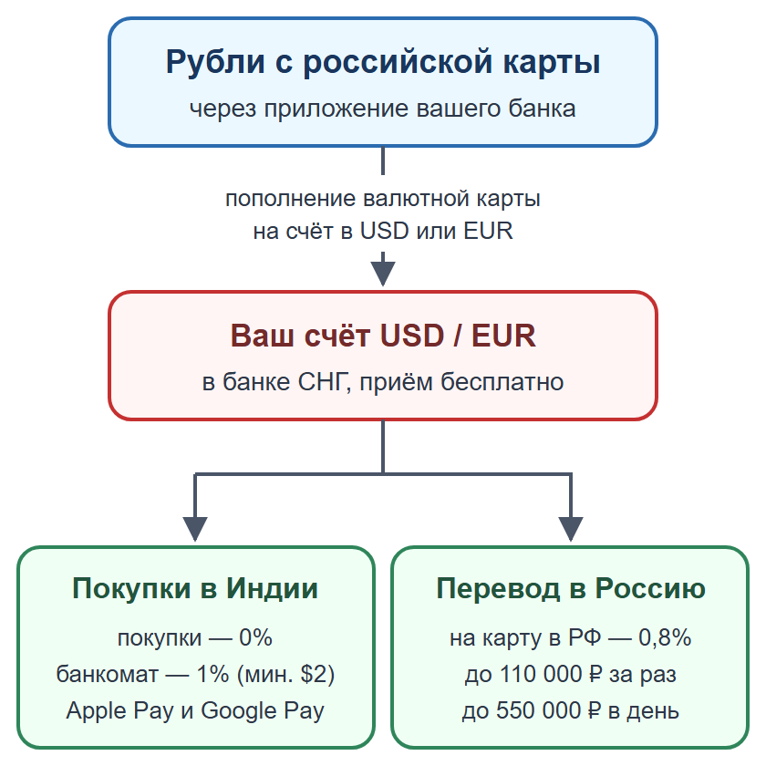 Схема: пополнение валютной карты банка СНГ рублями, оплата на Гоа без индийского счёта и перевод на карту в России