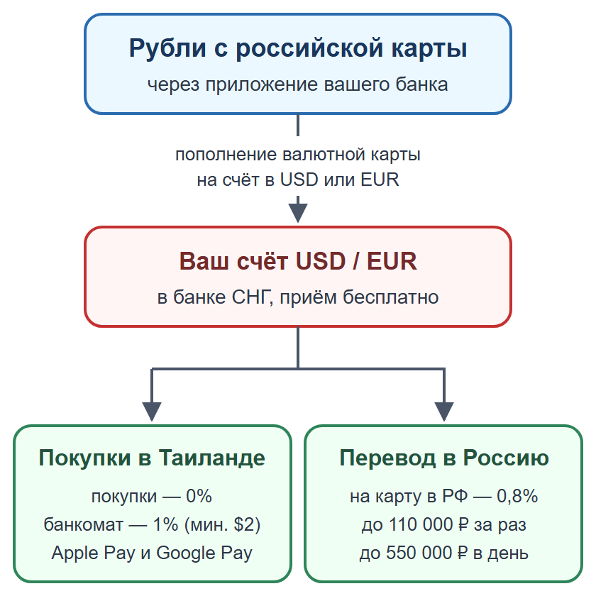 Схема: пополнение валютной карты банка СНГ рублями, оплата в Таиланде без тайского счёта и перевод на карту в России