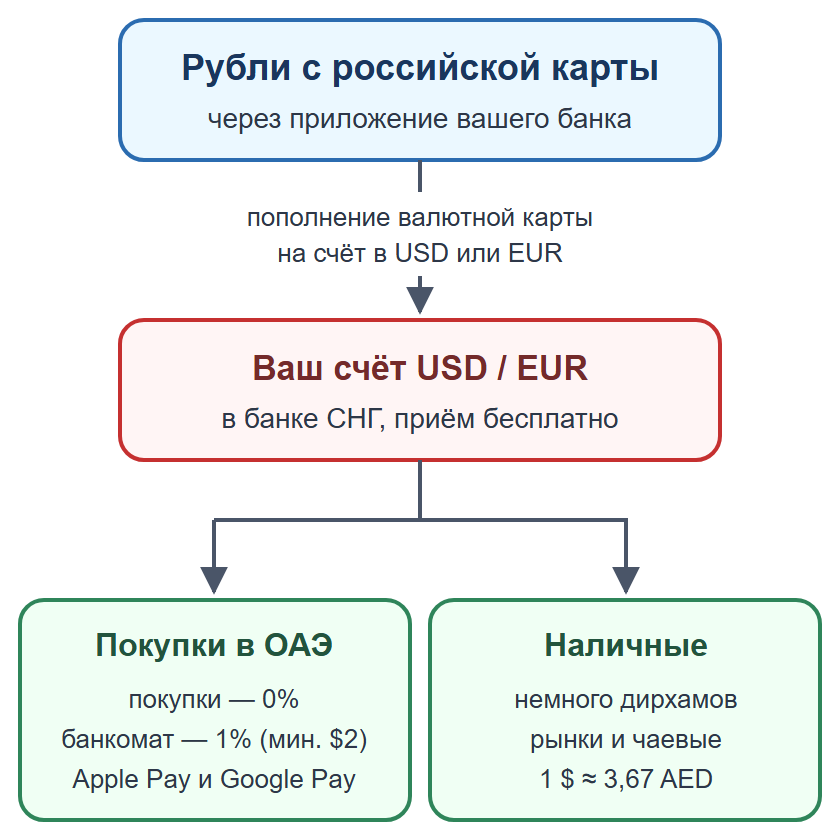Схема: пополнение валютной карты рублями, оплата картой и телефоном, наличные на мелкие расходы