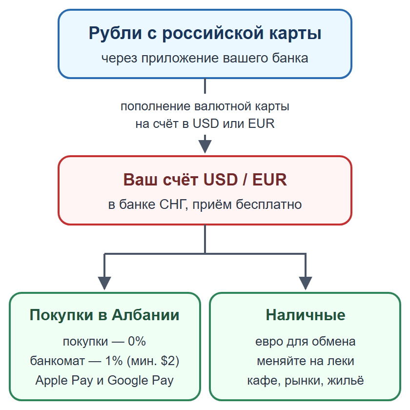 Схема: пополнение валютной карты рублями, оплата картой и телефоном, наличные на мелкие расходы
