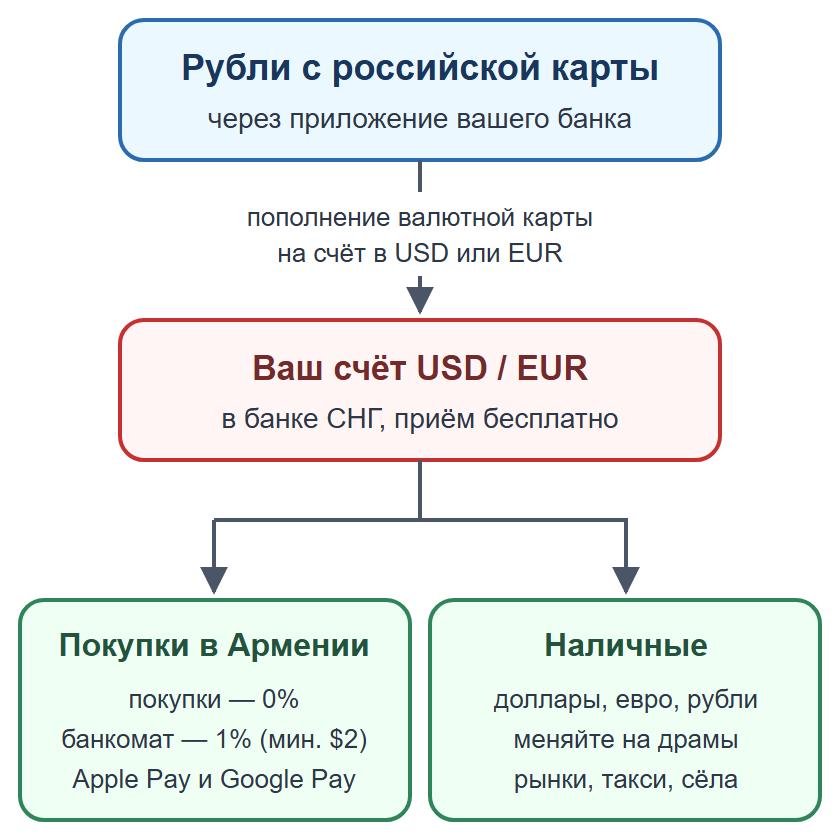 Схема: пополнение валютной карты рублями, оплата картой и телефоном, наличные на мелкие расходы