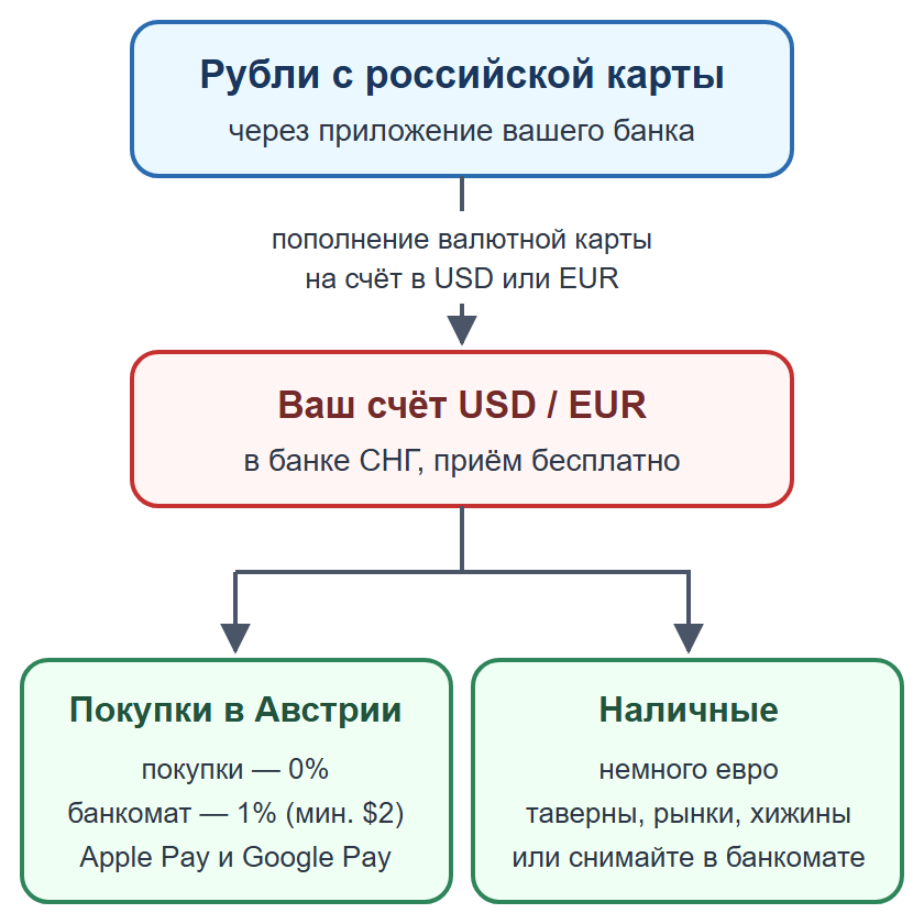 Схема: пополнение валютной карты рублями, оплата картой и телефоном, наличные на мелкие расходы