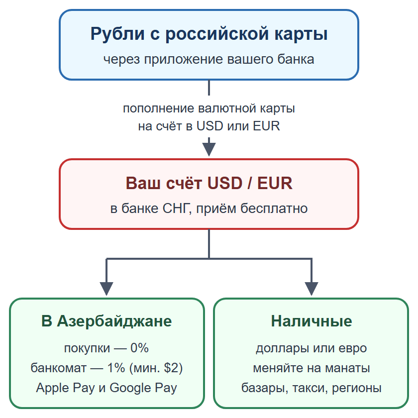 Схема: пополнение валютной карты рублями, оплата картой и телефоном, наличные на мелкие расходы