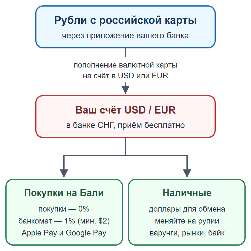 Схема: пополнение валютной карты рублями, оплата картой и телефоном, наличные на мелкие расходы