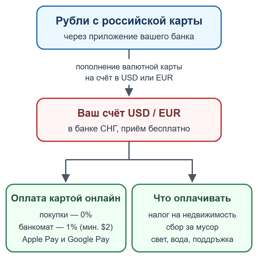 Схема: пополнение валютной карты рублями и оплата налога на недвижимость и счетов в Болгарии картой онлайн