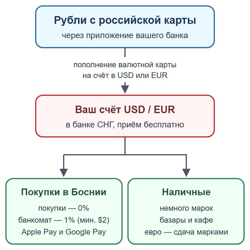 Схема: пополнение валютной карты рублями, оплата картой и телефоном, наличные на мелкие расходы