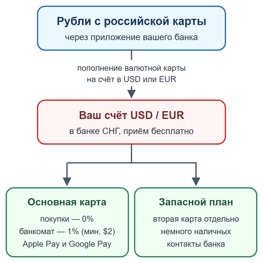 Схема: пополнение валютной карты рублями, основная карта для покупок и запасной план на случай блокировки