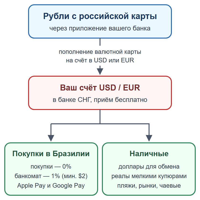 Схема: пополнение валютной карты рублями, оплата картой и телефоном, наличные на мелкие расходы