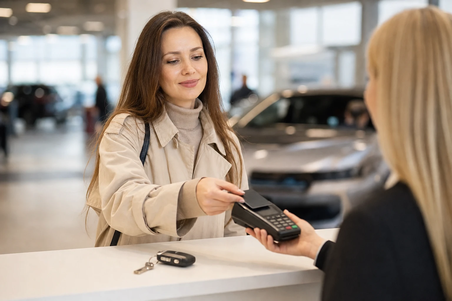 Туристка оставляет депозит картой при аренде авто