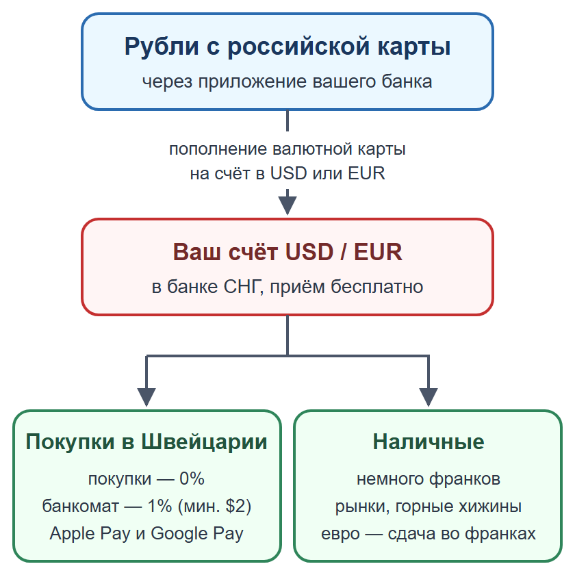 Схема: пополнение валютной карты рублями, оплата картой и телефоном, наличные на мелкие расходы