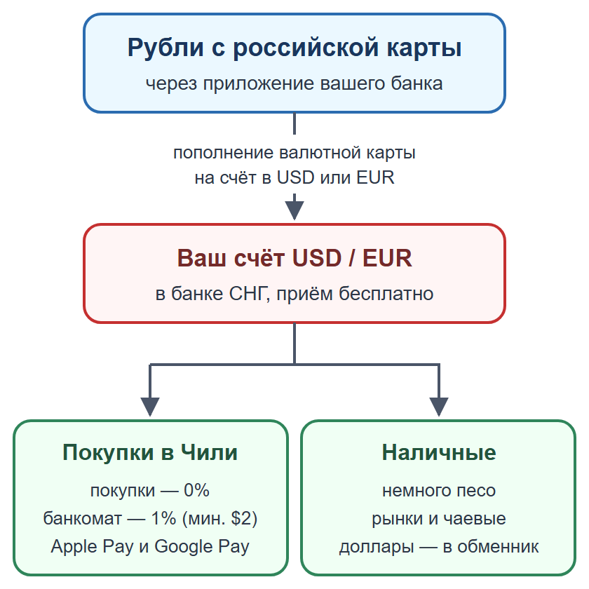 Схема: пополнение валютной карты рублями, оплата картой и телефоном, наличные на мелкие расходы