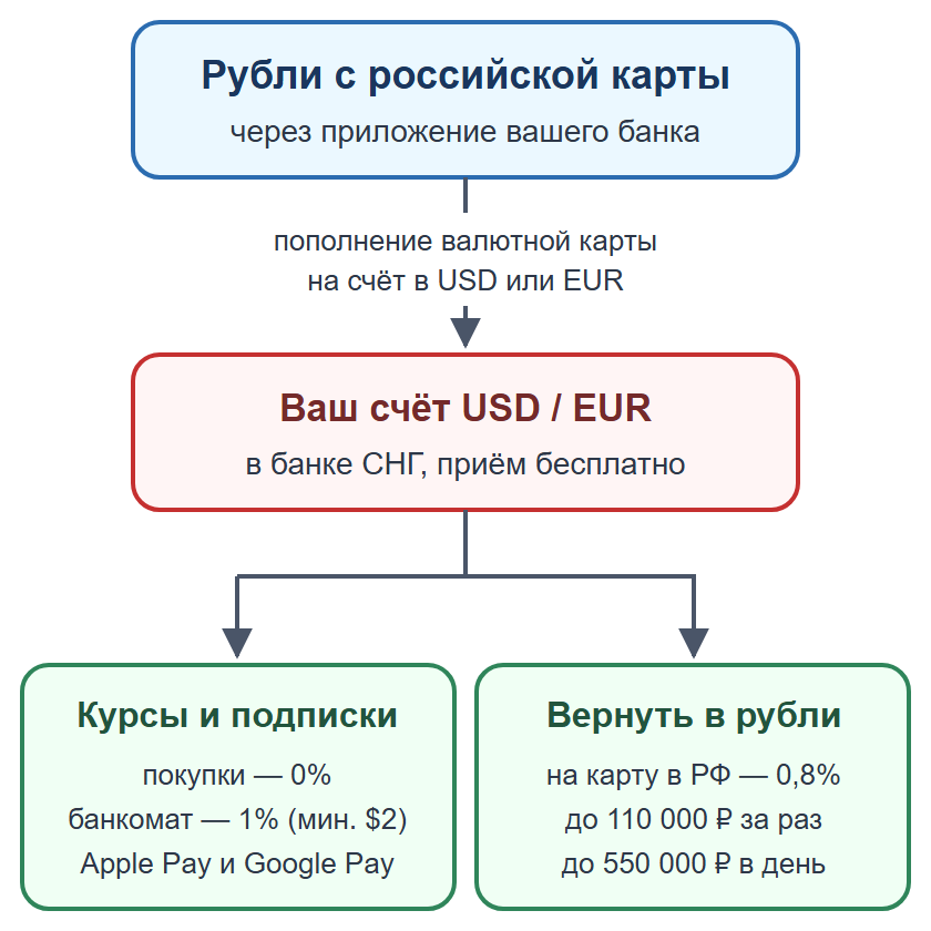 Схема: пополнение валютной карты рублями и оплата онлайн-курсов и подписок без комиссии