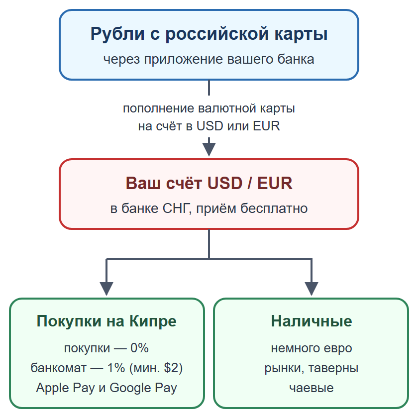 Схема: пополнение валютной карты рублями, оплата картой и телефоном, наличные на мелкие расходы