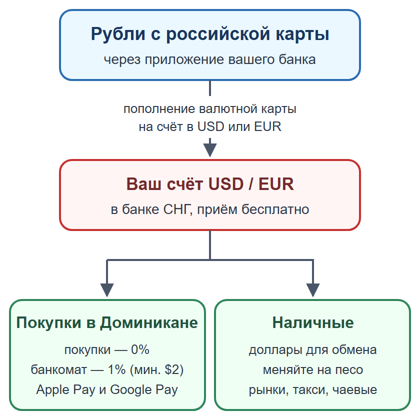 Схема: пополнение валютной карты рублями, оплата картой и телефоном, наличные на мелкие расходы