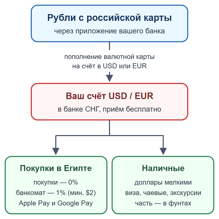 Схема: пополнение валютной карты рублями, оплата картой и телефоном, наличные на мелкие расходы