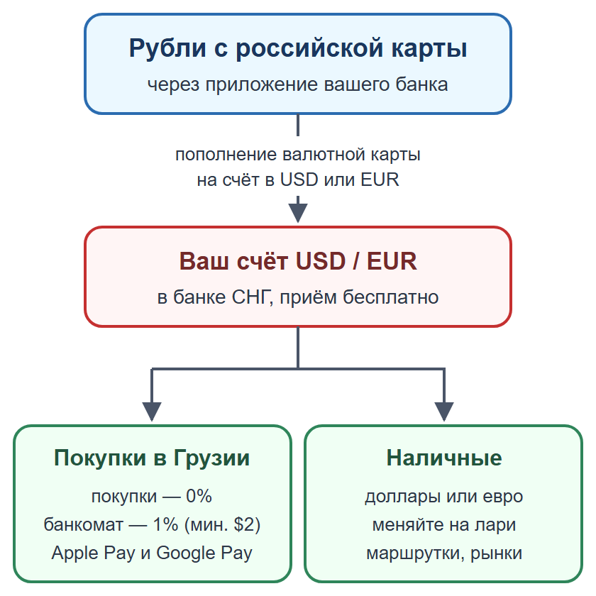 Схема: пополнение валютной карты рублями, оплата картой и телефоном, наличные на мелкие расходы