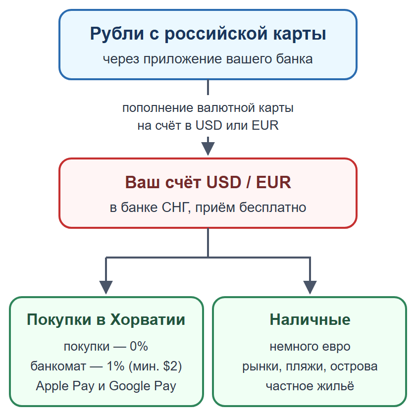Схема: пополнение валютной карты рублями, оплата картой и телефоном, наличные на мелкие расходы