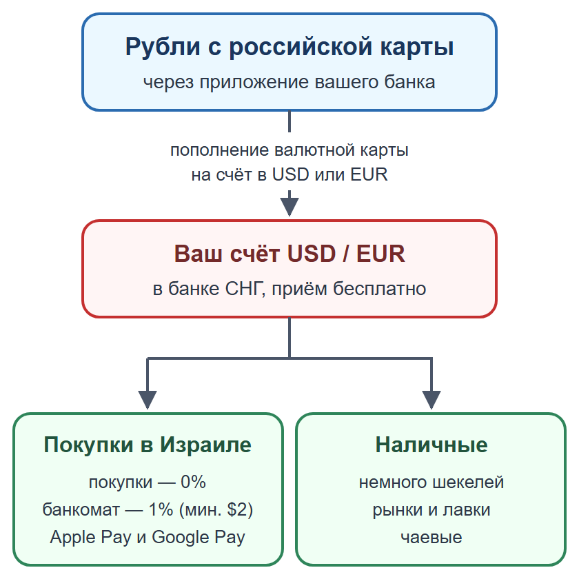 Схема: пополнение валютной карты рублями, оплата картой и телефоном, наличные на мелкие расходы