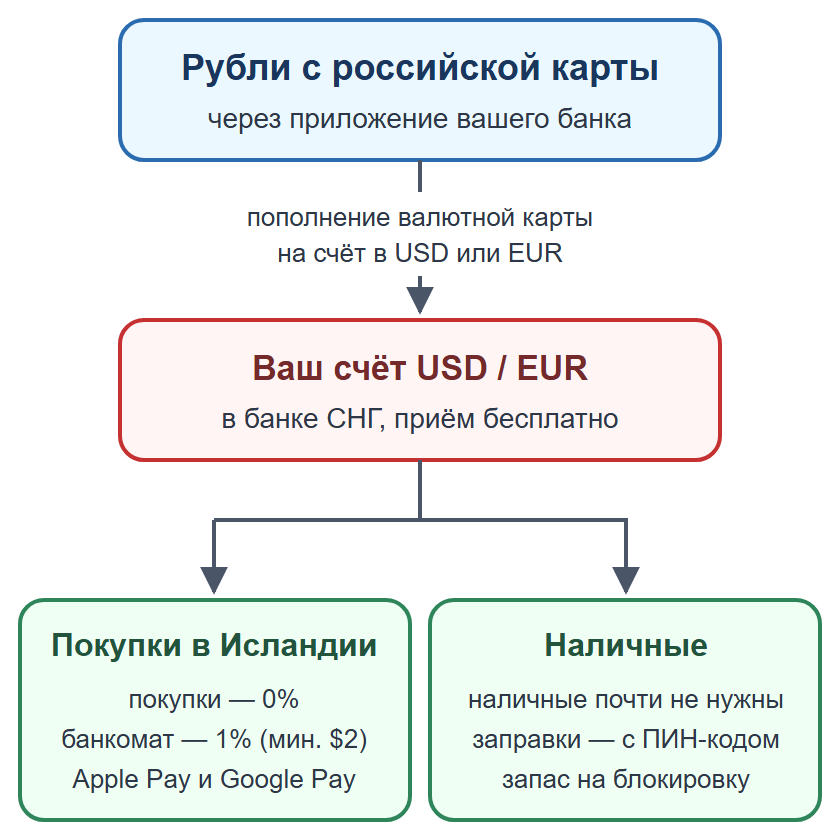 Схема: пополнение валютной карты рублями, оплата картой и телефоном, наличные на мелкие расходы