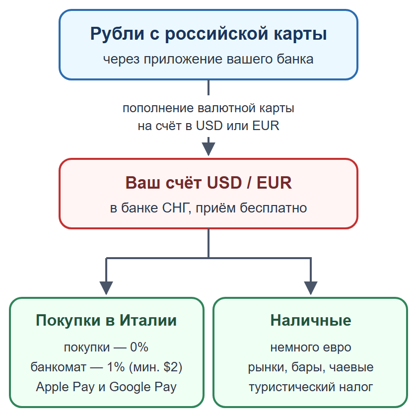 Схема: пополнение валютной карты рублями, оплата картой и телефоном, наличные на мелкие расходы