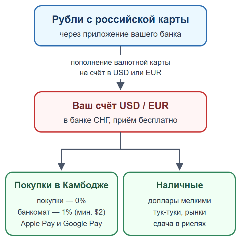 Схема: пополнение валютной карты рублями, оплата картой и телефоном, наличные на мелкие расходы