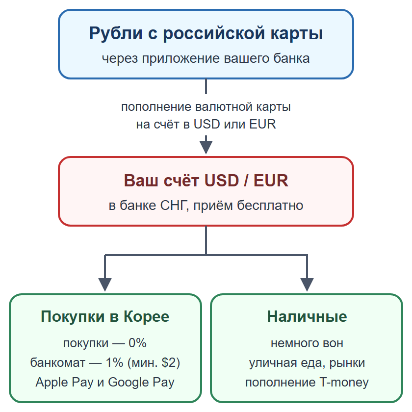 Схема: пополнение валютной карты рублями, оплата картой и телефоном, наличные на мелкие расходы