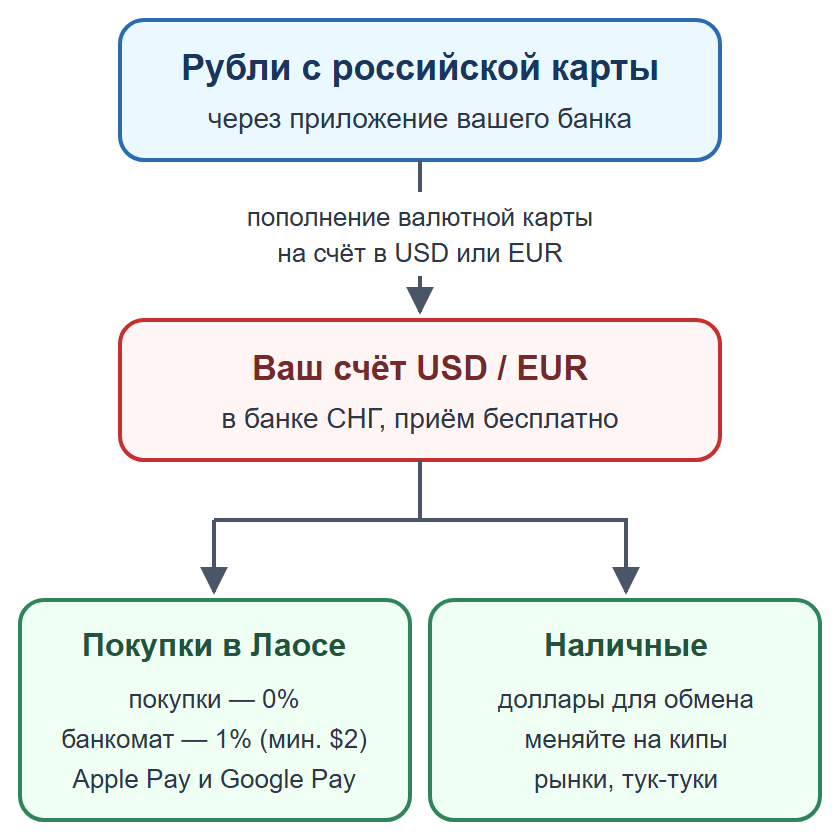 Схема: пополнение валютной карты рублями, оплата картой и телефоном, наличные на мелкие расходы
