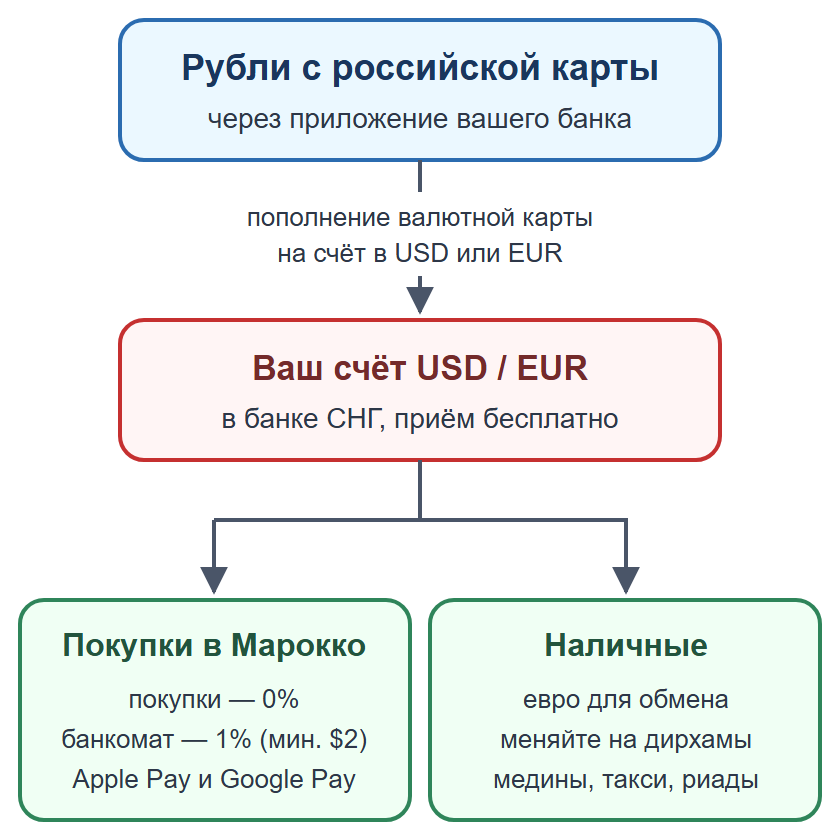 Схема: пополнение валютной карты рублями, оплата картой и телефоном, наличные на мелкие расходы