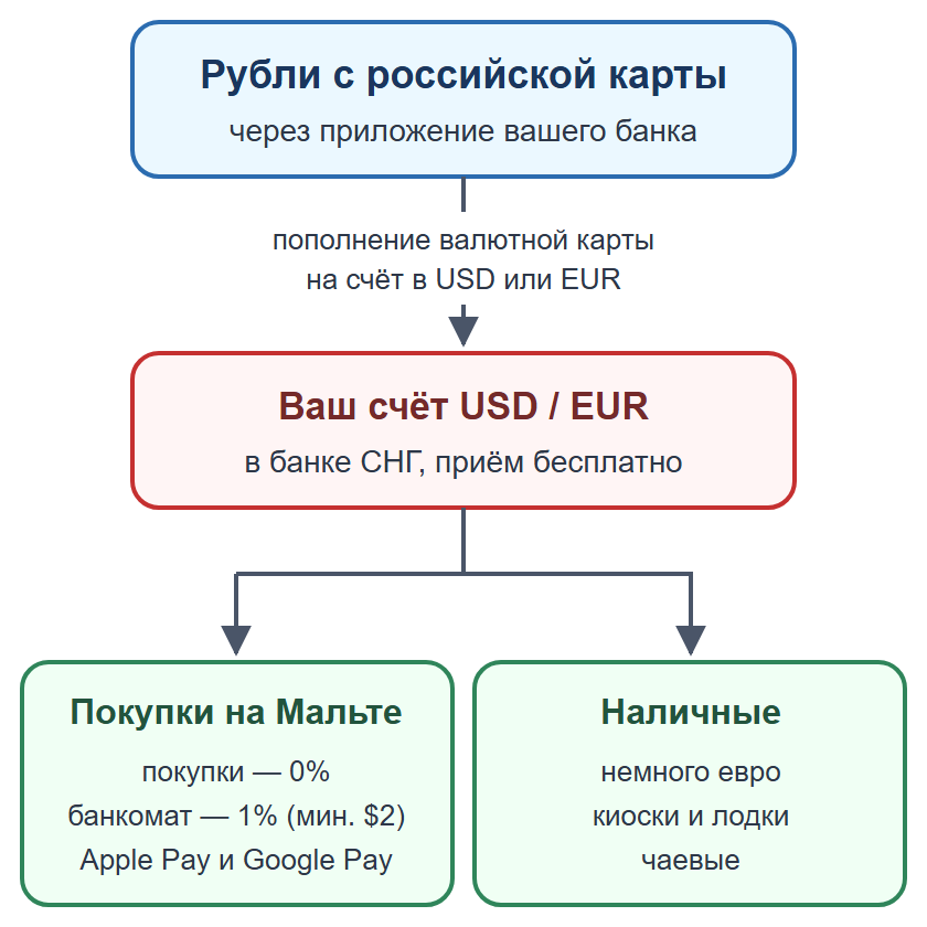 Схема: пополнение валютной карты рублями, оплата картой и телефоном, наличные на мелкие расходы