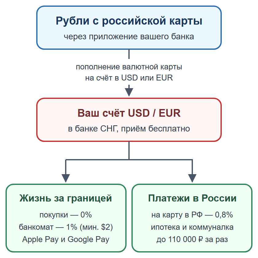 Схема: доход за границей на валютный счёт в банке СНГ, перевод на российскую карту за 0,8% и оплата ипотеки и коммуналки