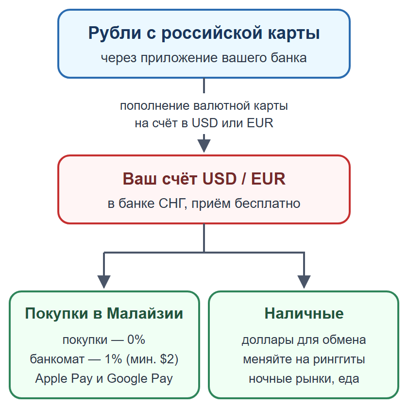 Схема: пополнение валютной карты рублями, оплата картой и телефоном, наличные на мелкие расходы