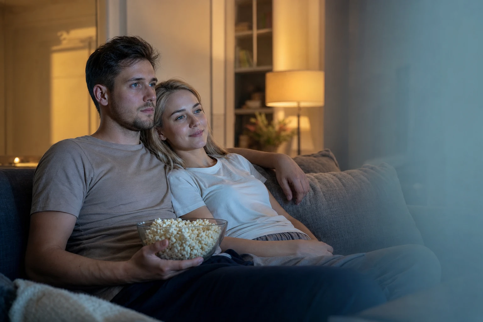 Пара смотрит сериал дома вечером