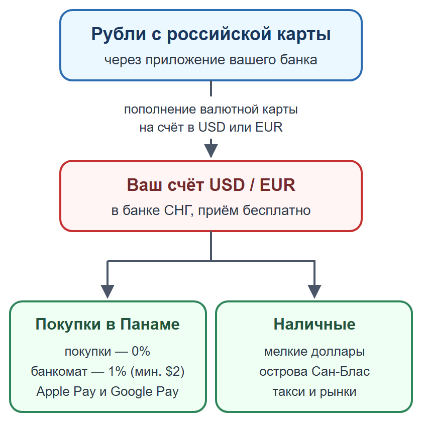 Схема: пополнение валютной карты рублями, оплата картой и телефоном, наличные на мелкие расходы