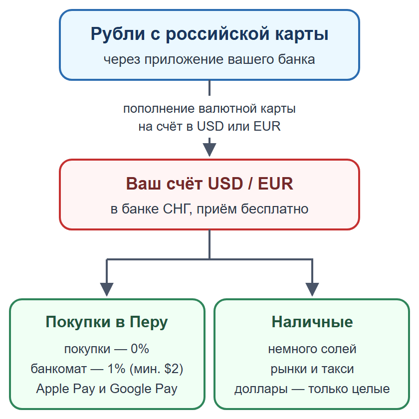 Схема: пополнение валютной карты рублями, оплата картой и телефоном, наличные на мелкие расходы