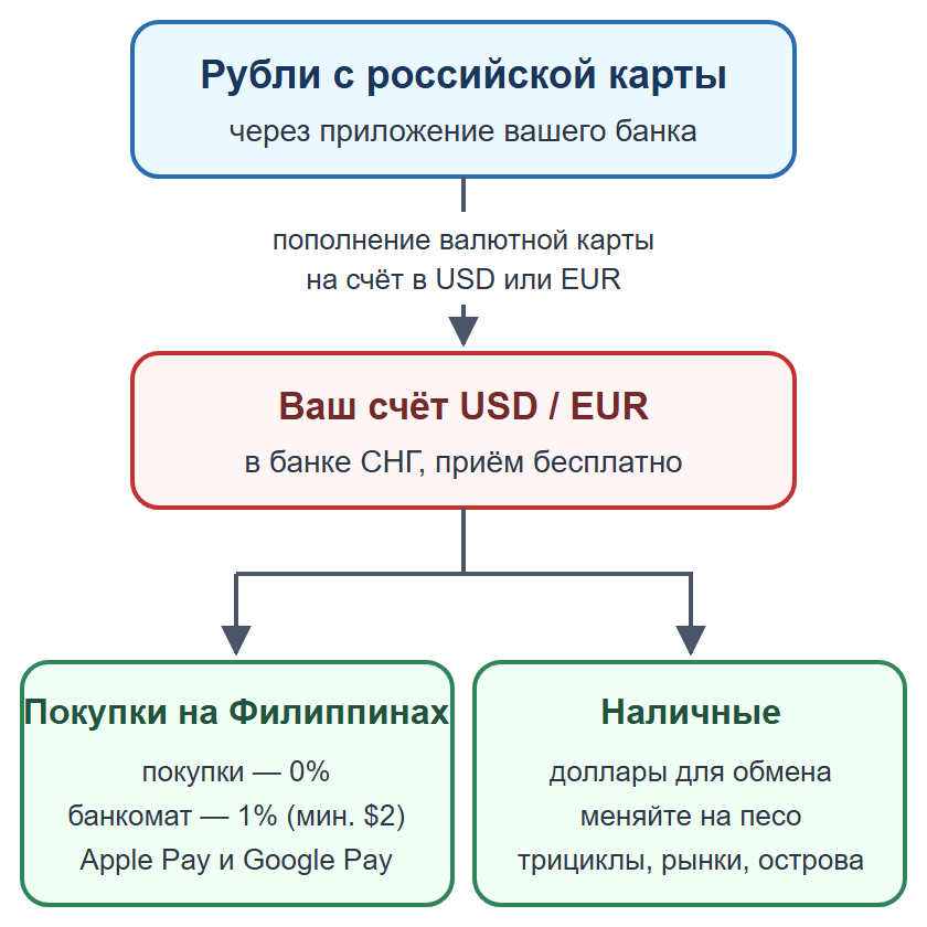 Схема: пополнение валютной карты рублями, оплата картой и телефоном, наличные на мелкие расходы