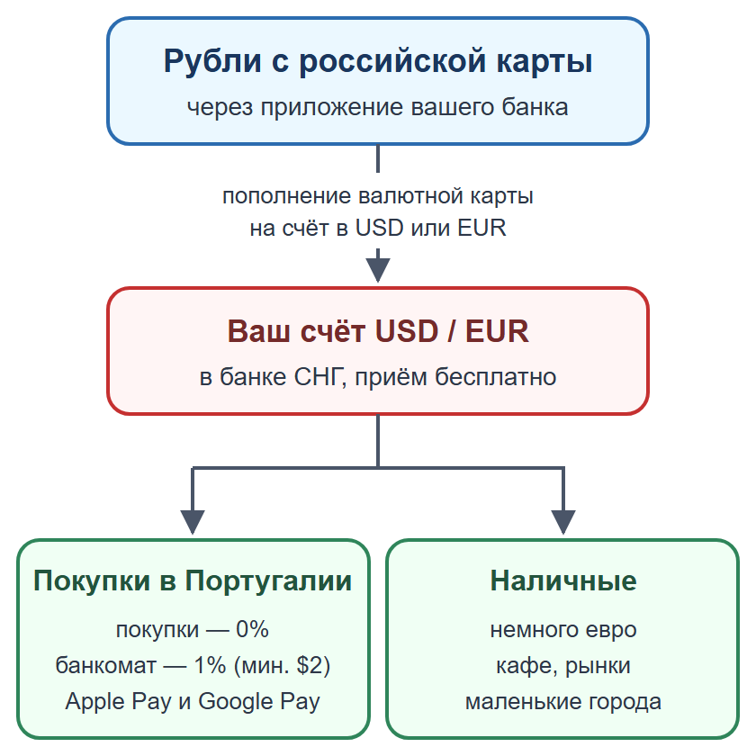 Схема: пополнение валютной карты рублями, оплата картой и телефоном, наличные на мелкие расходы