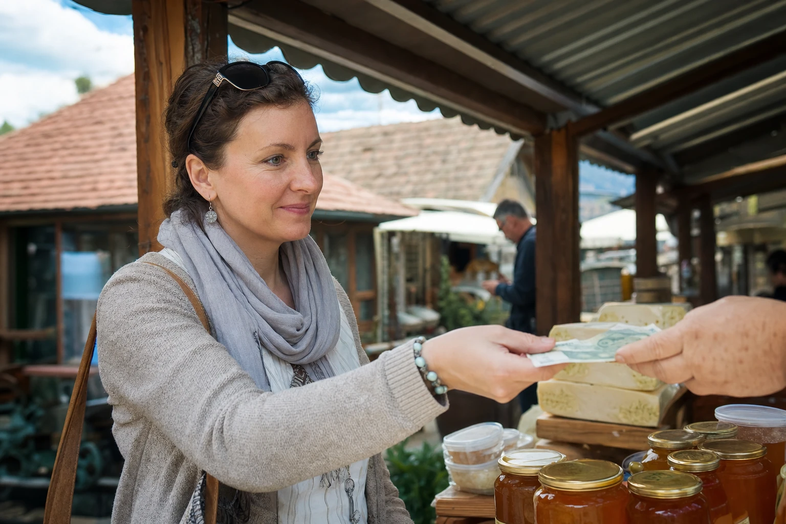 Туристка покупает продукты на рынке в Румынии