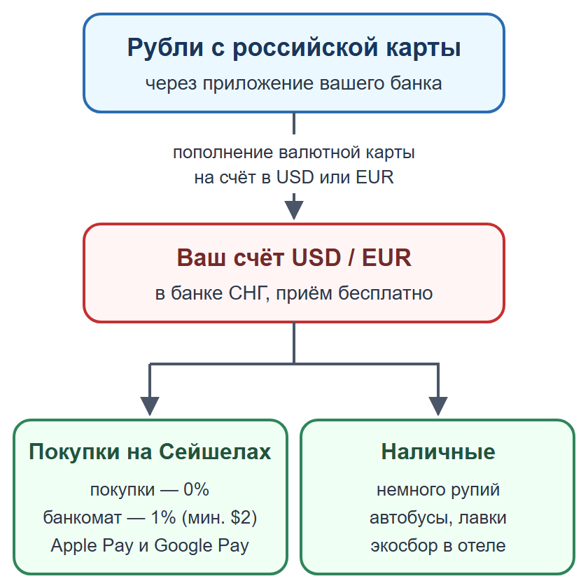 Схема: пополнение валютной карты рублями, оплата картой и телефоном, наличные на мелкие расходы