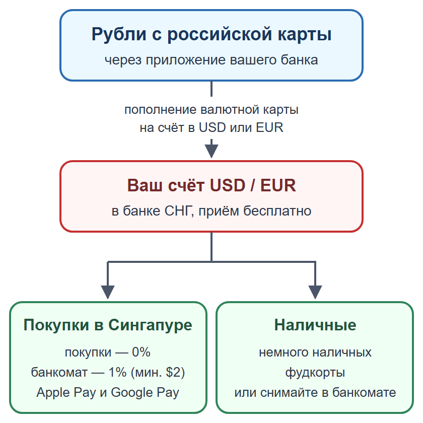 Схема: пополнение валютной карты рублями, оплата картой и телефоном, наличные на мелкие расходы