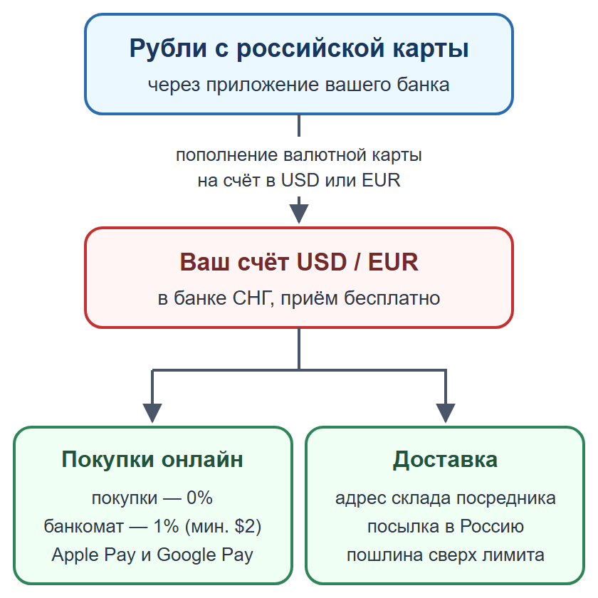 Схема: пополнение валютной карты рублями, оплата заказа в зарубежном интернет-магазине и доставка через посредника