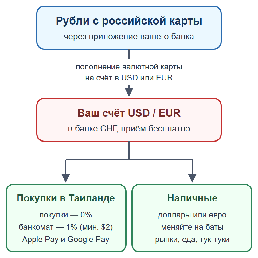 Схема: пополнение валютной карты рублями, оплата картой и телефоном, наличные на мелкие расходы