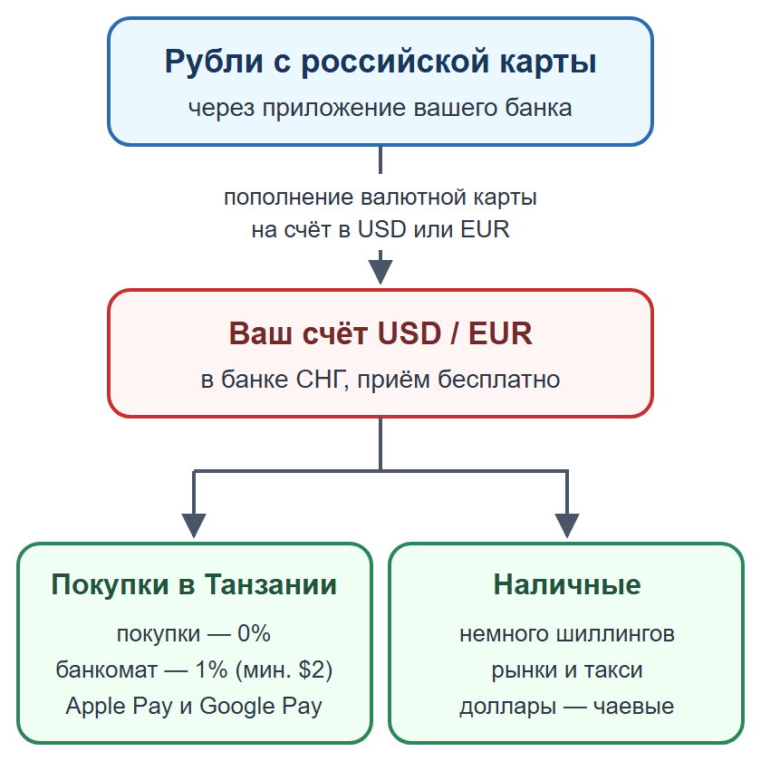 Схема: пополнение валютной карты рублями, оплата картой и телефоном, наличные на мелкие расходы