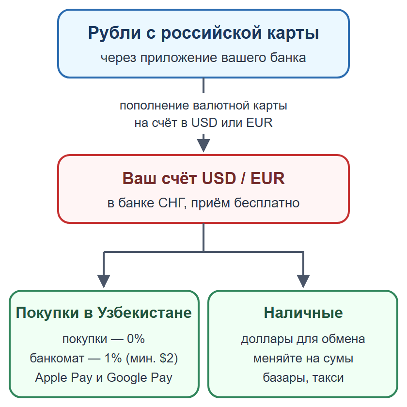 Схема: пополнение валютной карты рублями, оплата картой и телефоном, наличные на мелкие расходы