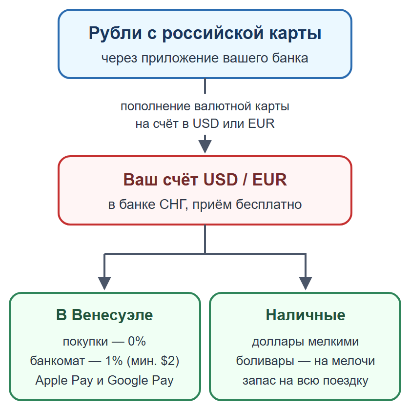 Схема: пополнение валютной карты рублями, оплата картой и телефоном, наличные на мелкие расходы